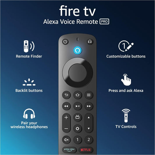 Alexa Voice Remote Pro, includes remote finder, TV controls, backlit buttons, requires compatible Fire TV device