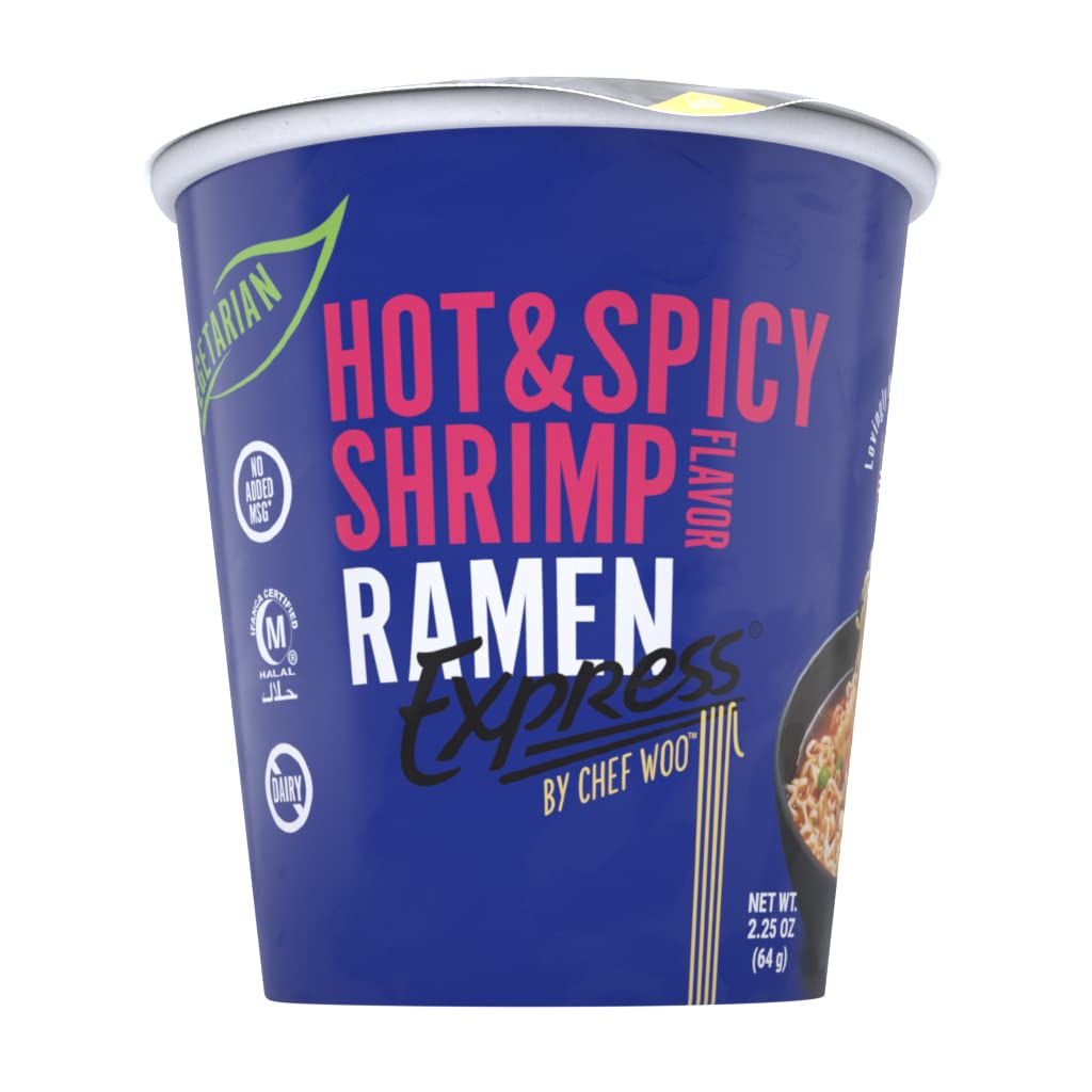 "Chef Woo's Spicy Shrimp Ramen Cup: 12-Pack, Vegetarian, No MSG, Halal, Egg-Free, Dairy-Free"