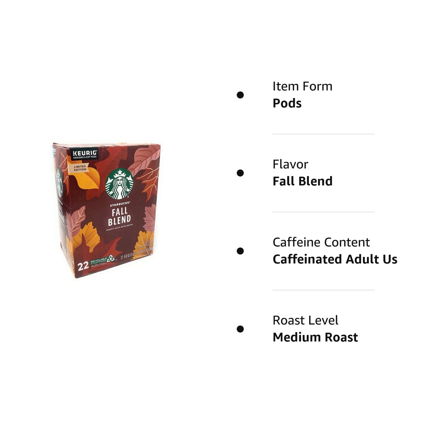 Starbucks Coffee Fall Blend Medium Roast K Cups Pods - 22 count - 1 box, 0.42 Oz