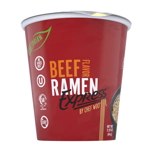 RAMEN EXPRESS Beef Flavor Ramen Cup Noodle, 2.25 Oz Each (Pack Of 12) by Chef Woo | Vegetarian Ramen Noodles | No Added MSG | Halal | Egg-Free and Dairy-Free