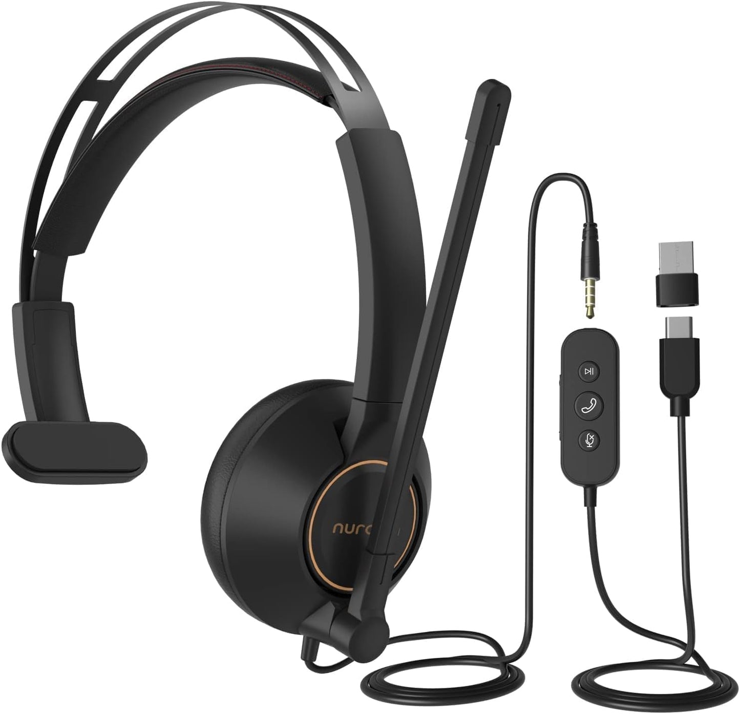 NUROUM Wired Headset, Single-Ear (Mono) Headphones with Noise Canceling Microphone, On Ear Computer Headset with in-line Control, USB/Type-C, PC Headset for Home Office Online Class Skype Zoom
