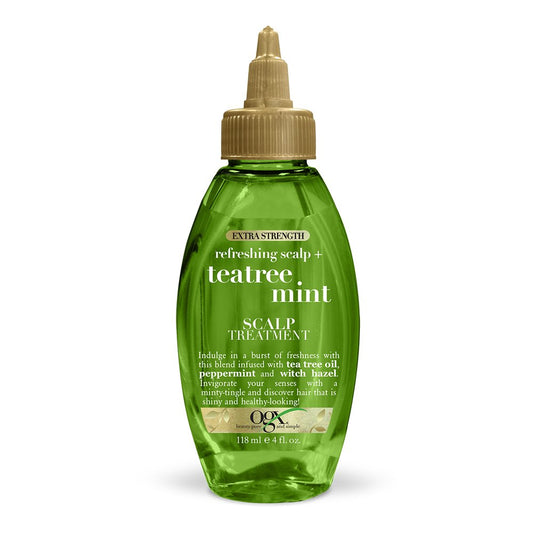 OGX Extra Strength Refreshing + Invigorating Teatree Mint Dry Scalp Treatment with Witch Hazel Astringent to Help Remove Scalp Buildup, Paraben-Free, Sulfate Surfactant-Free, 4 fl oz