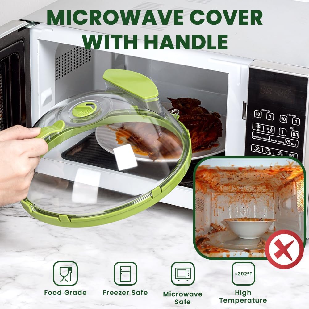 Gracenal Microwave Cover for Food, Clear Microwave Splatter Cover with Water Steamer and Handle, 10 Inch Plate Covers, Kitchen Gadgets and Accessories, House Essentials for Christmas Gifts, Green