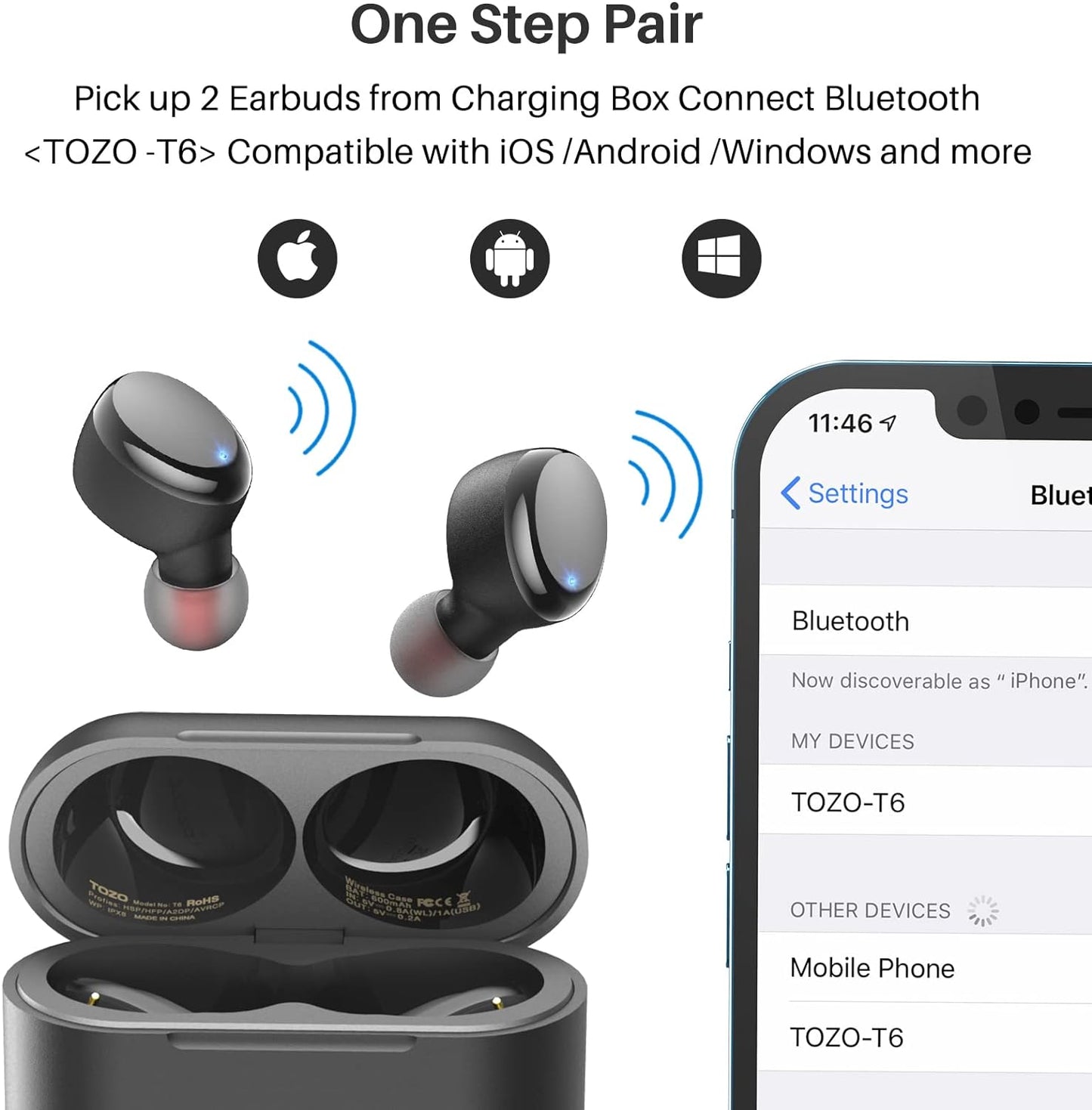 TOZO T6 True Wireless Earbuds Bluetooth 5.3 Headphones Touch Control with Wireless Charging Case IPX8 Waterproof Stereo Earphones in-Ear Built-in Mic Headset Premium Deep Bass Black