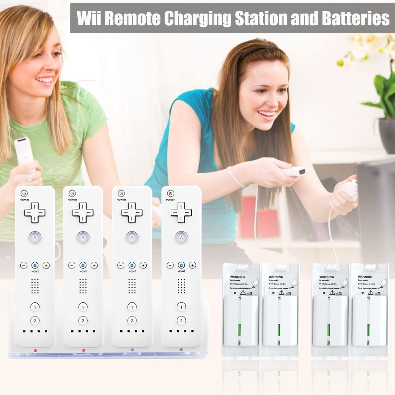 4-in-1 Charging Station for Wii&Wii U Remote Controller,Charger with 4 Rechargeable Battery Packs (4 Port Charging Station+4 pcs 2800mAh Replacement Batteries+USB Cable),Remote Not Included
