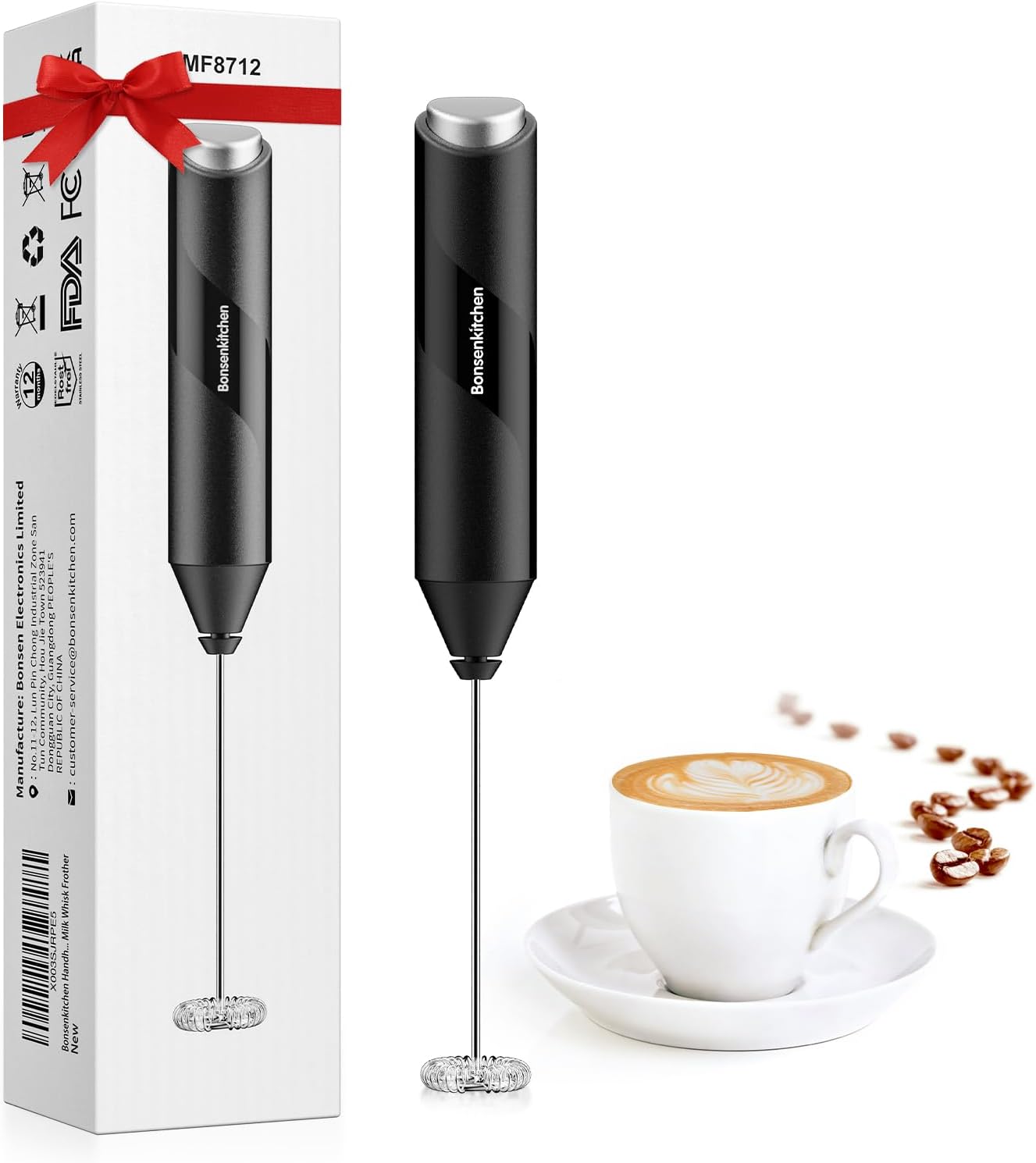 "Bonsenkitchen Handheld Milk Frother - Electric Foam Maker with Stainless Steel Whisk for Coffee, Lattes, Cappuccino, Matcha - Battery Operated Stirrer Coffee Wand"