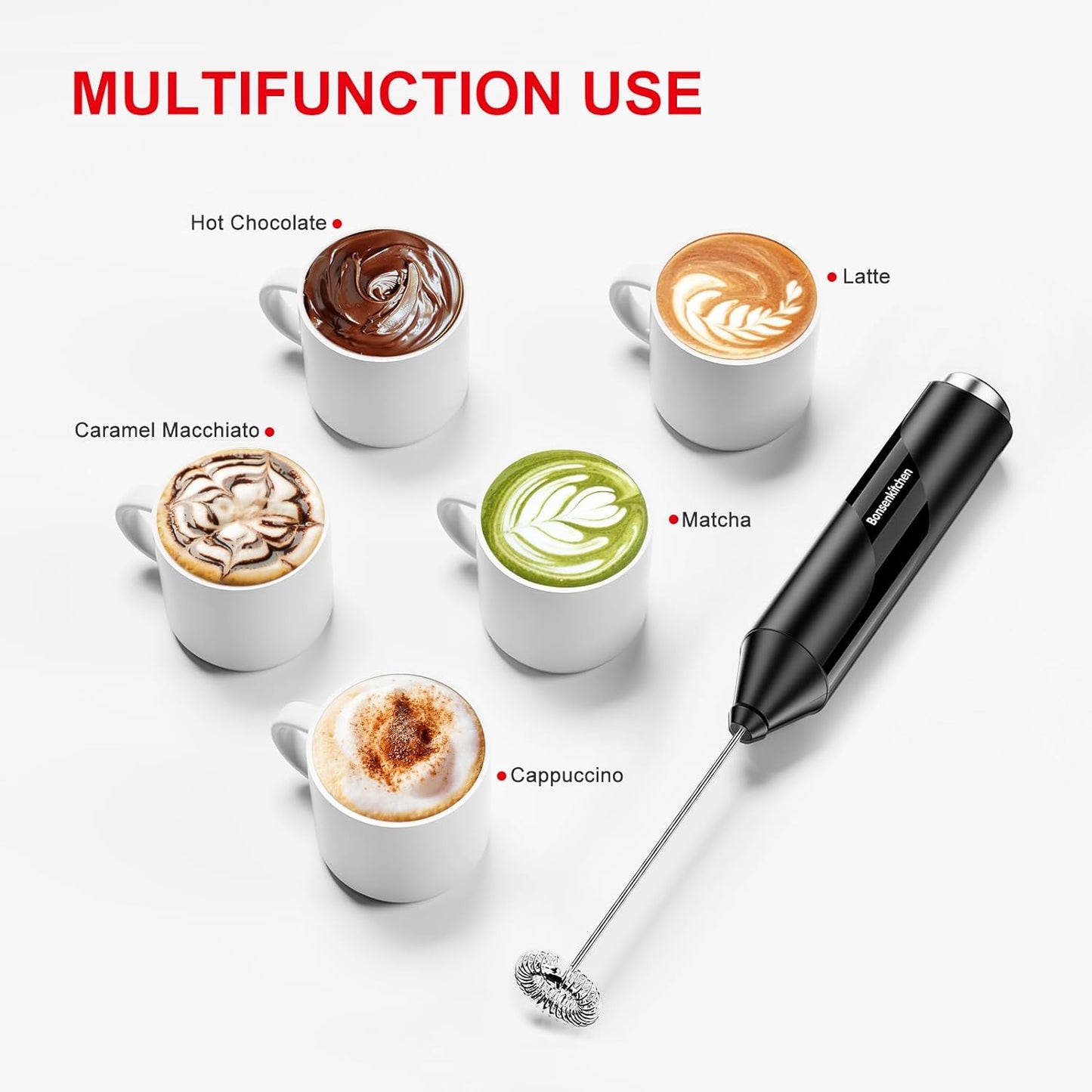 "Bonsenkitchen Handheld Milk Frother - Electric Foam Maker with Stainless Steel Whisk for Coffee, Lattes, Cappuccino, Matcha - Battery Operated Stirrer Coffee Wand"