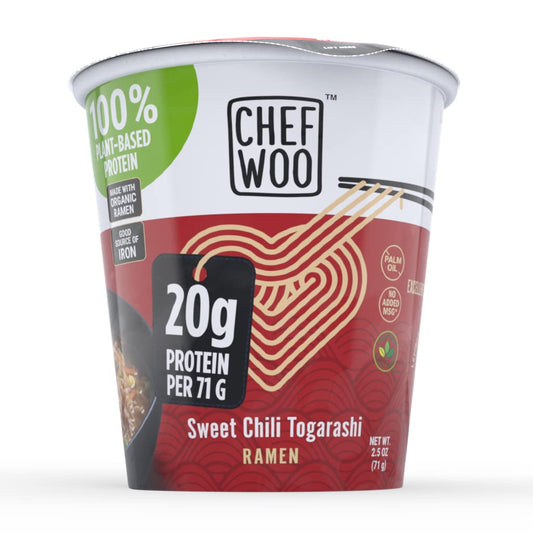 CHEF WOO Sweet Chili Togarashi Ramen Cup Noodles (12 PACK), 20g of Plant-Based Protein |Vegan |Vegetarian |Halal |Kosher |Egg-Free |Dairy Free