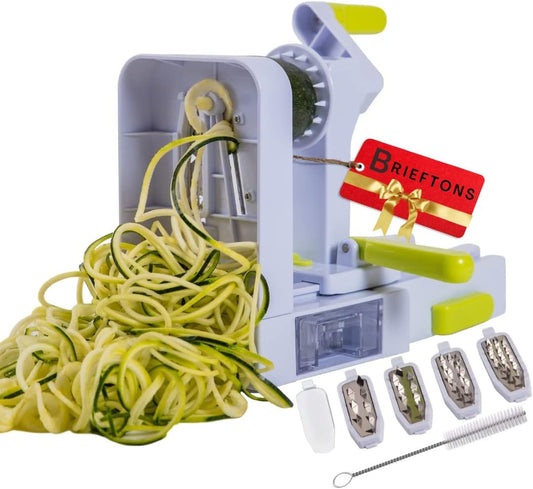 Brieftons QuickFold 5-Blade Spiralizer: Versatile & Compact Foldable Vegetable Spiral Slicer, Best Veggie Pasta Spaghetti Maker for Low Carb/Paleo/Gluten-Free with Brush & 4 Recipe Ebooks