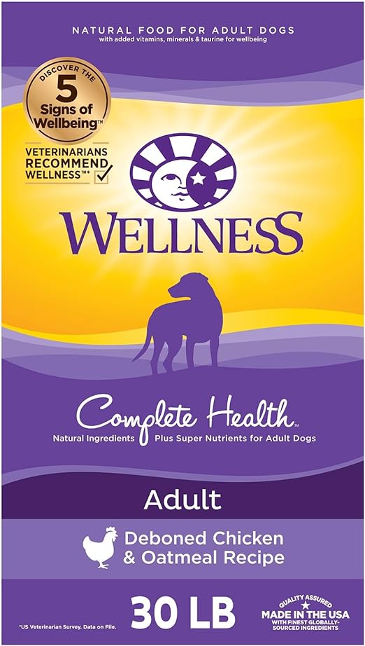 Wellness Complete Health Dry Dog Food with Grains, Made in USA with Real Meat & Natural Ingredients, All Breeds, Adult Dogs (Chicken & Oatmeal, 30-lb) – With Nutrients for Immune, Skin, & Coat Support