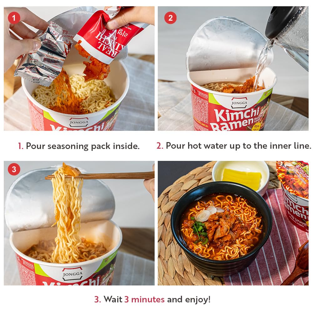 JONGGA Kimchi Ramen with Real Kimchi, Korean Instant Spicy Cup Noodle, Best Tasting Bowl Soup, Hot and Savory Broth Perfect for Hangover, Made with Authentic Kimchi, Ready to Eat, 0 Trans-Fat, Non-GMO, Ready in 3 Min (Pack of 6)