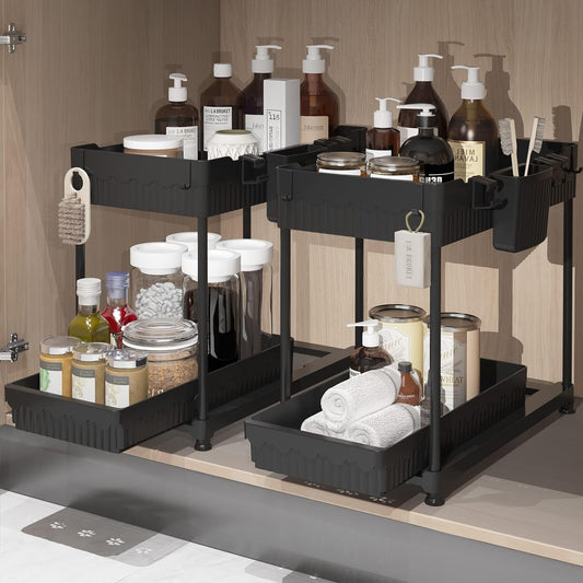 "Sevenblue 2-Pack Under Sink Organizers - 2 Tier Sliding Bathroom & Kitchen Cabinet Storage Shelf. Multi-Use, Black."