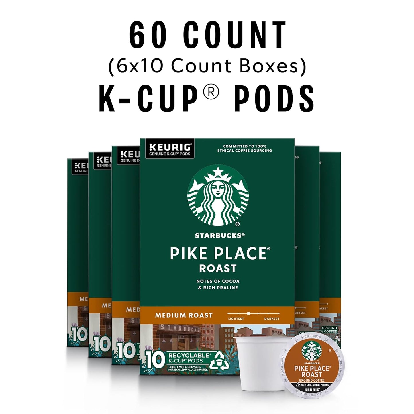 Starbucks K-Cup Coffee Pods—Medium Roast Coffee—Pike Place Roast for Keurig Brewers—100% Arabica—6 boxes (60 pods total)