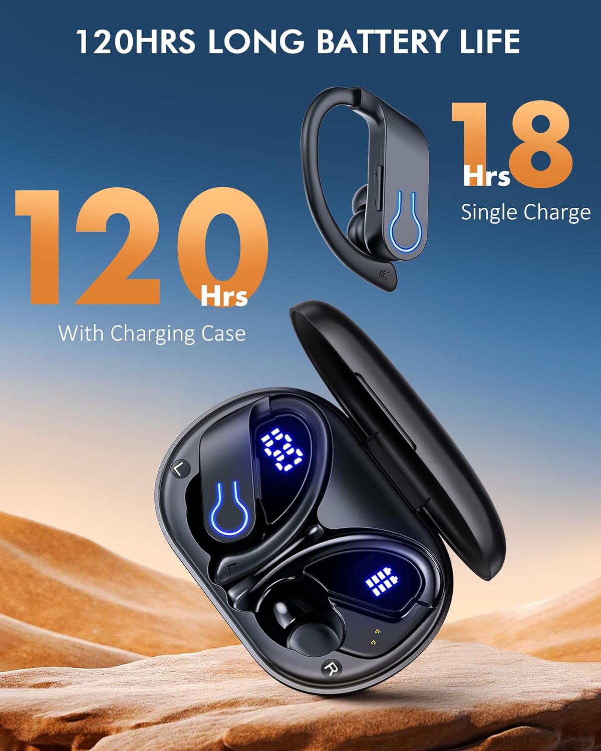 Wireless Bluetooth Earbuds 120H Playtime Bluetooth 5.3 Ear Buds for Sports, Hi-fi Stereo Earphones with LED Display Charging Case, Headphones for Running/Workout Audifonos Bluetooth inalambricos