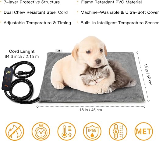 Toozey Pet Heating Pad, 6 Adjustable Temperature Dog Cat Heating Pad with Timer, Indoor Pet Heating Pads for Cats Dogs with Chew Resistant Cord, Electric Pads for Dogs Cats, Pet Heated Mat