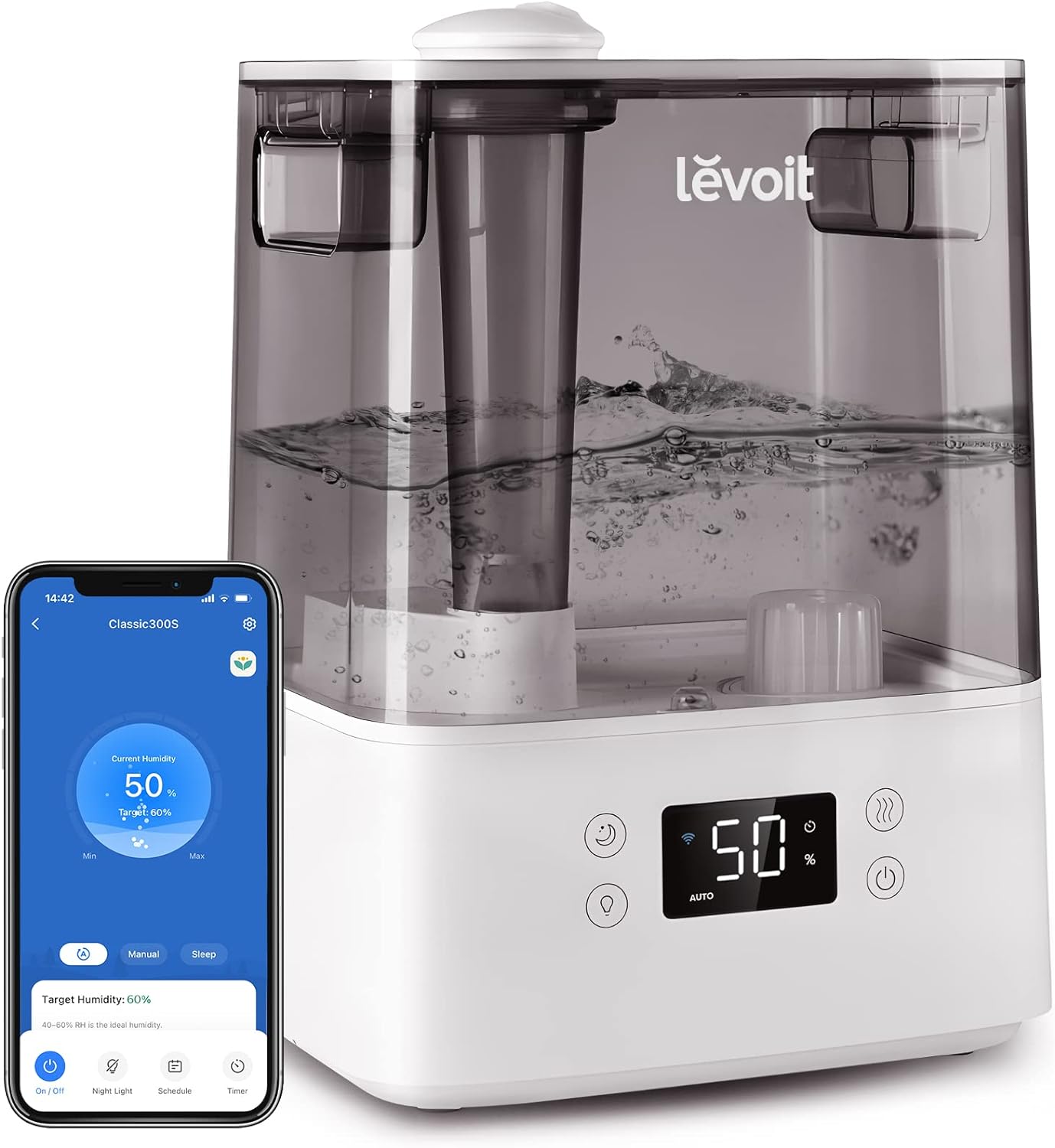 "LEVOIT 6L Cool Mist Humidifier with Essential Oil Diffuser - Smart App & Voice Control, Rapid Humidification, Auto Mode, Quiet Sleep Mode (Gray)"