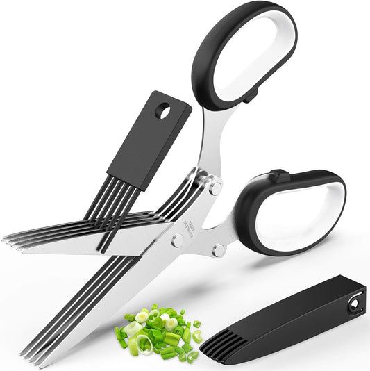 POROMI Herb Scissors Set - Cool Kitchen Gadgets for Cutting Fresh Garden Herbs - Herb Cutter Shears with 5 Blades and Cover, Sharp and Anti-rust Stainless Steel, Dishwasher Safe (Black-White)