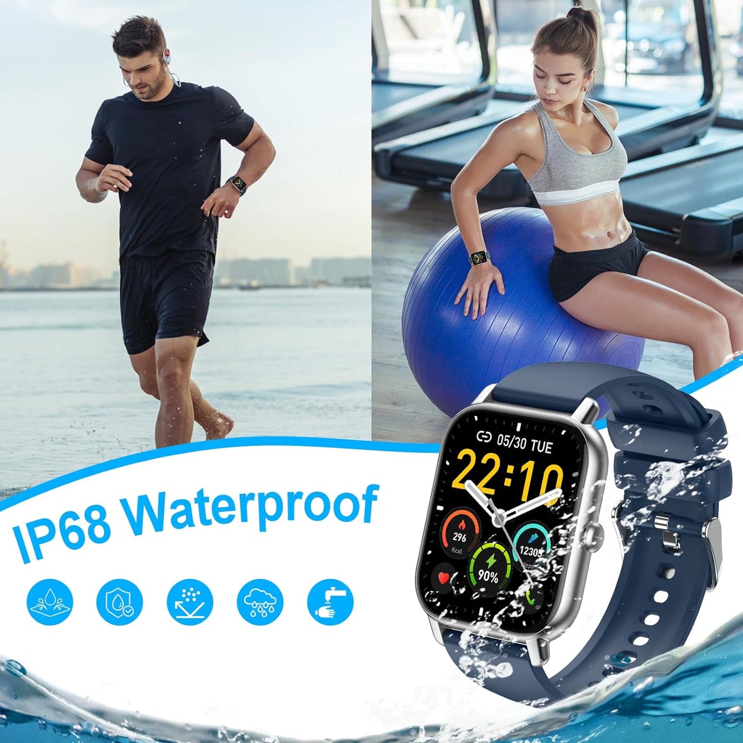 Smart Watch (Answer/Make Calls), 1.85" Smart Watches for Men Women 110+ Sport Modes Fitness Watch with Sleep Heart Rate Monitor, Pedometer, IP68 Waterproof Smartwatch for iOS Android Watch Silver Blue