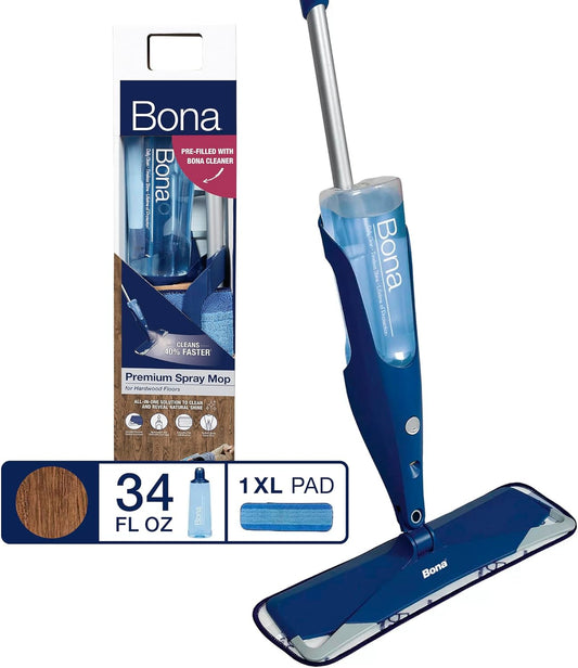 Bona Hardwood Floor Premium Spray Mop - Includes Hardwood Floor Cleaning Solution and Machine Washable Microfiber Cleaning Pad - Dual Zone Cleaning for Faster Cleanup - Spray Mop for Wood Floors