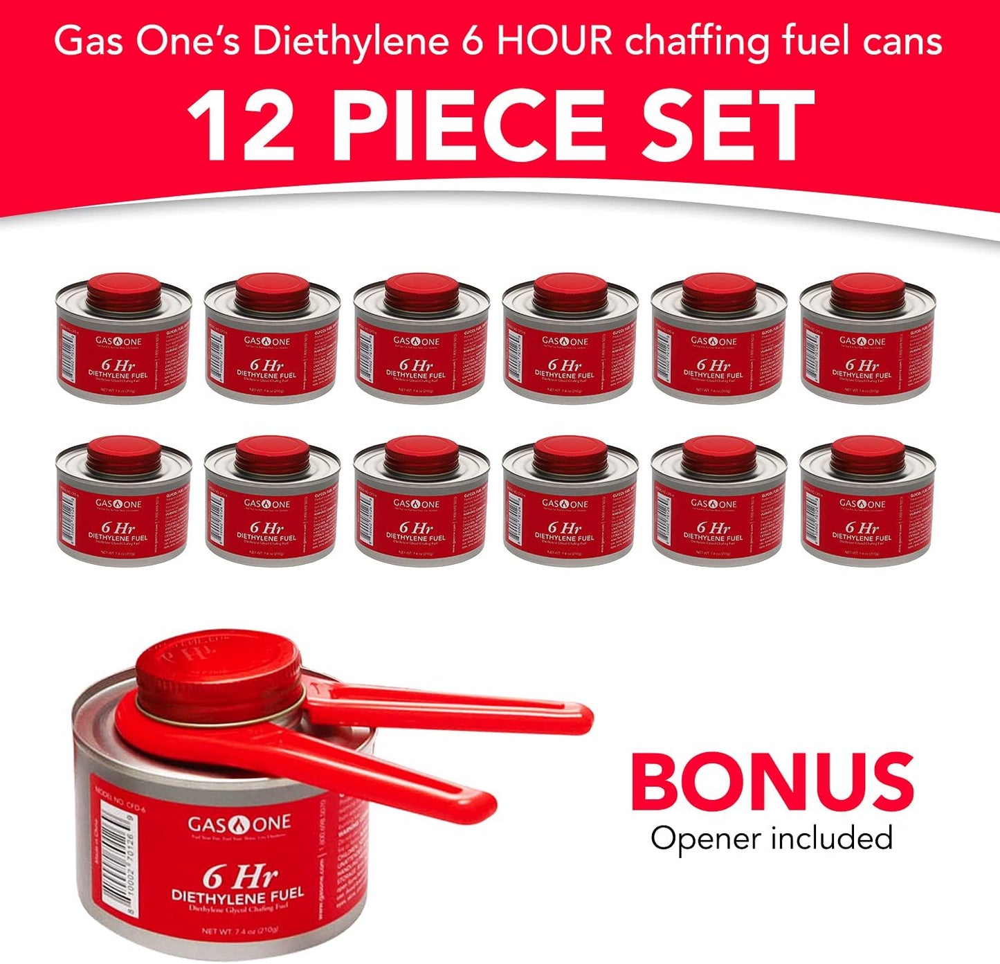 "Gas One 12-Pack 6-Hour Chafing Fuel - Safe and Liquid Food Warmer for Buffet Sets. Wick and Lid Opener Included."