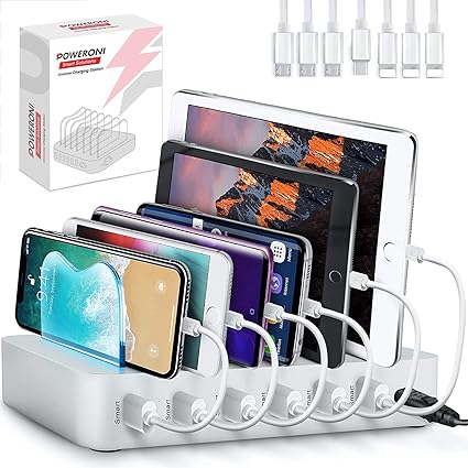 Poweroni USB Charging Dock - 6-Port - Fast Charging Station for Multiple Devices Apple - Multi Phone Charger Station - Charging Station - for Apple iPad iPhone and Android Cell Phone and Tablet