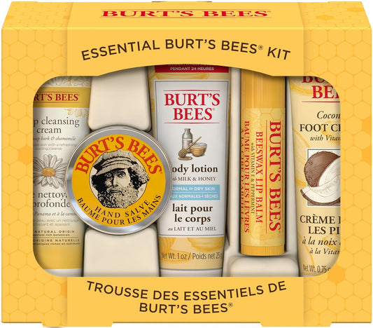 Burt's Bees Essential Everyday Beauty Gift Set, 5 Travel Size Products - Deep Cleansing Cream, Hand Salve, Body Lotion, Foot Cream and Lip Balm