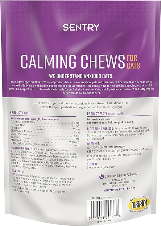Sentry Calming Chews for Cats, Calming Aid Helps to Manage Stress & Anxiety, With Pheromones That May Help Curb Destructive Behavior & Separation Anxiety, Calming Health Supplement for Cats, 4 oz.