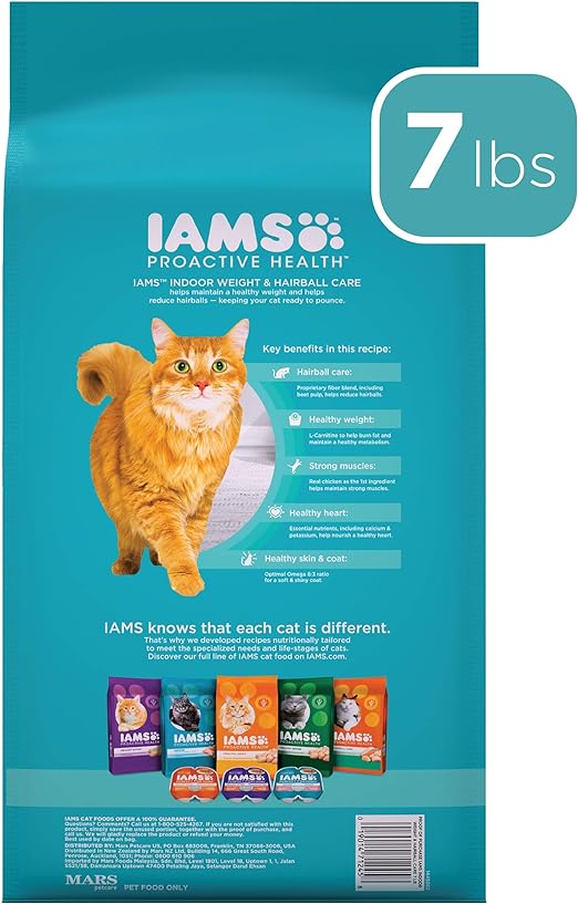 IAMS PROACTIVE HEALTH Adult Indoor Weight Control & Hairball Care Dry Cat Food with Chicken & Turkey Cat Kibble, 7 lb. Bag