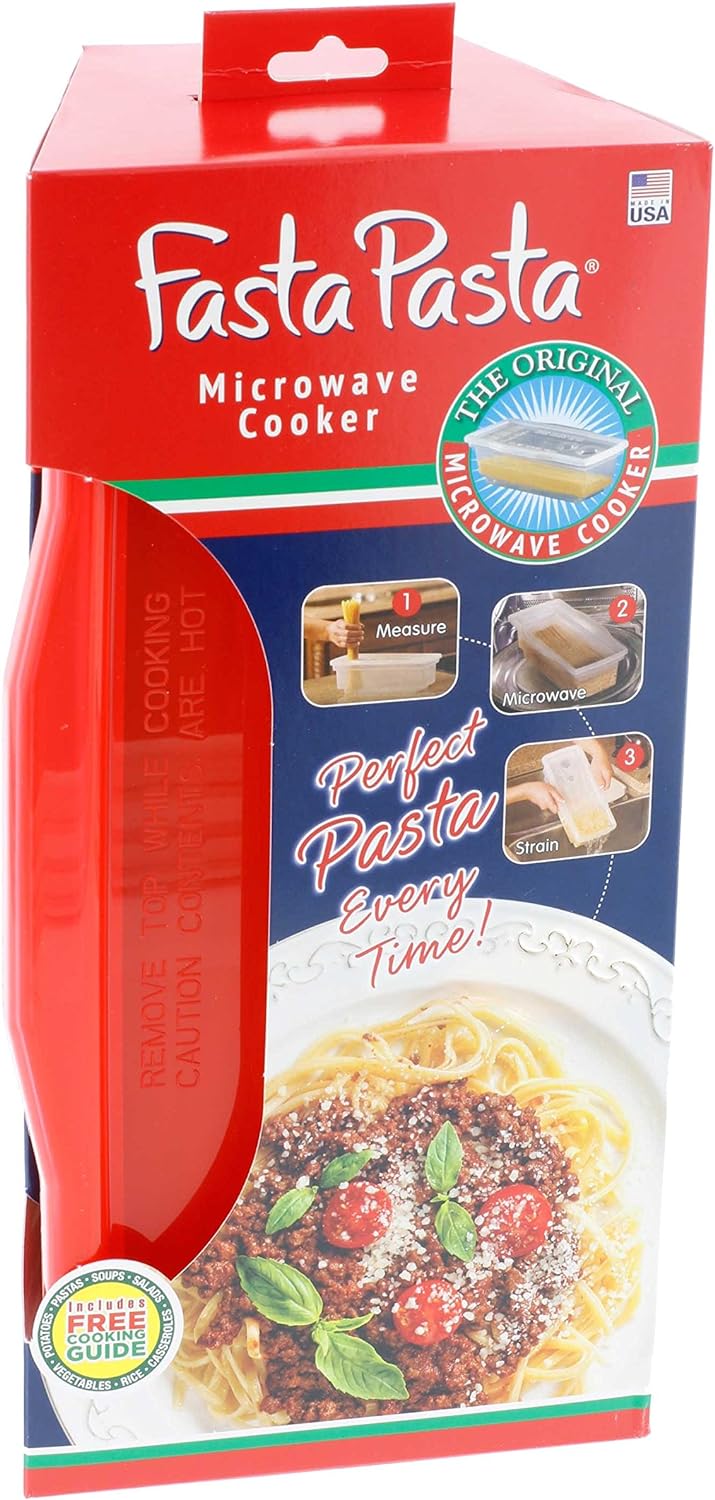 Microwave Pasta Cooker- The Original Fasta Pasta (Red)- Quickly Cooks up to 4 Servings- No Mess, Sticking or Waiting For Boil- Perfect Al Dente Pasta Every Time- For Dorms, Small Kitchens, or Offices