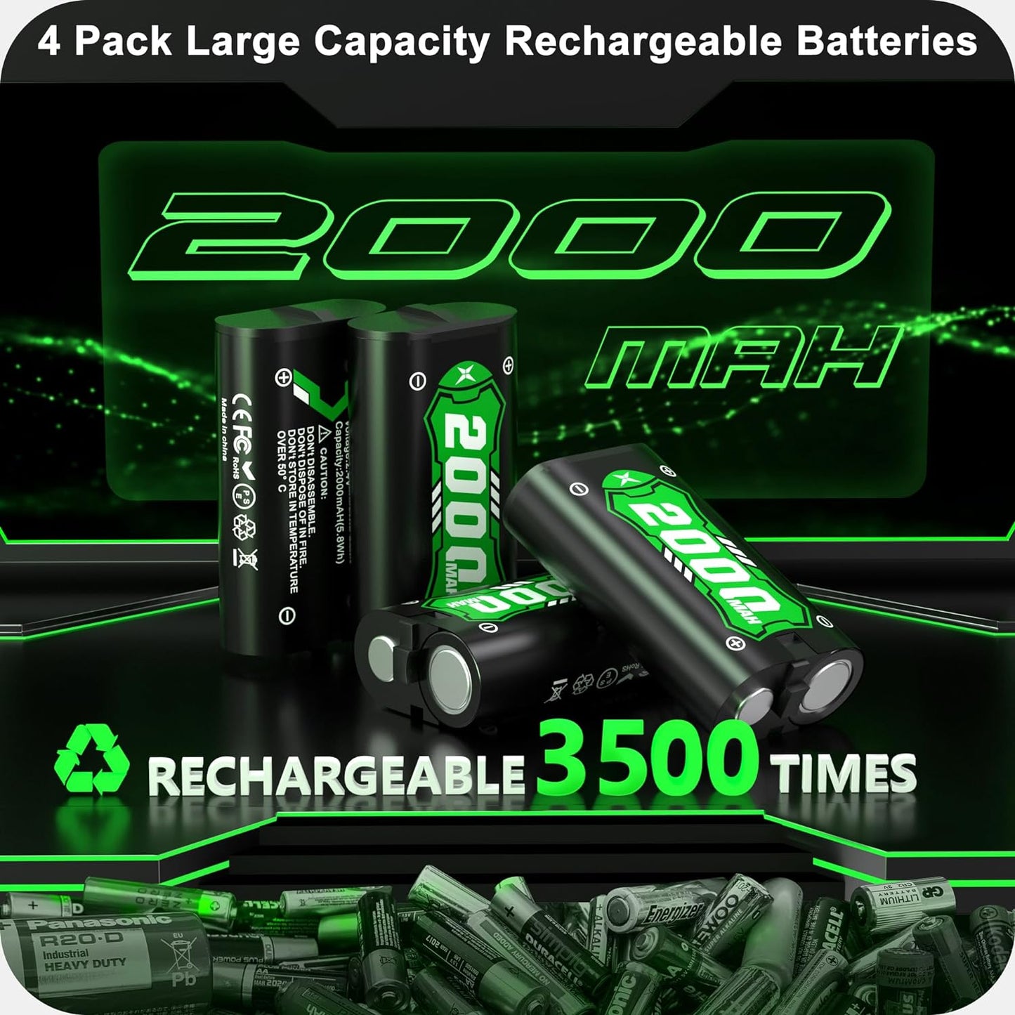 Rechargeable Battery Pack for Xbox Controller, （4x4800mWh)4x2000mAh Rechargeable Batteries for Xbox Controller Charger Station for Xbox One/Xbox Series X|S/Xbox One S|X/Xbox One Elite Controllers