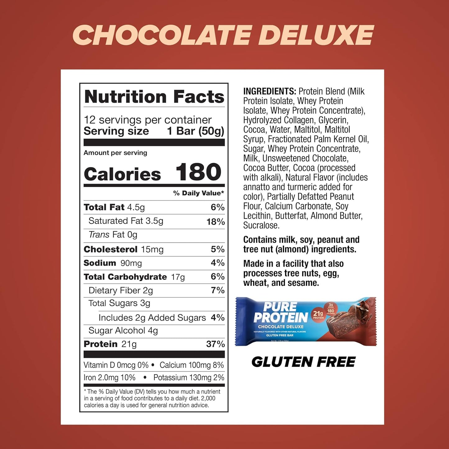 Pure Protein Bars, High Protein, Nutritious Snacks to Support Energy, Low Sugar, Gluten Free, Chocolate Deluxe, 1.76 oz., 12 Count(Pack of 1) (Packaging may vary)