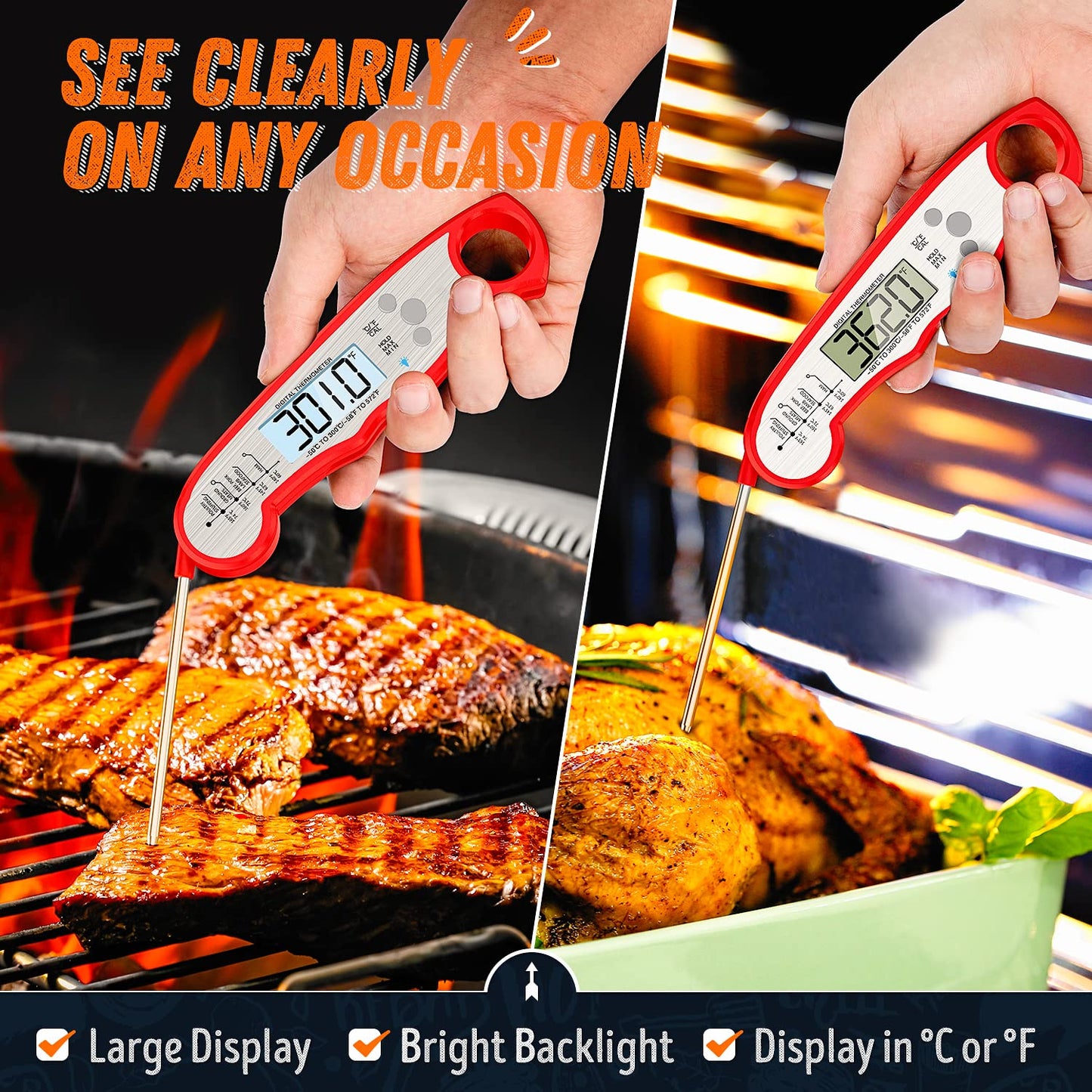"Digital Meat Thermometer - Waterproof Instant Read for Cooking, Grilling, and BBQ - Backlight & Calibration - Kitchen Gadgets, Accessories"