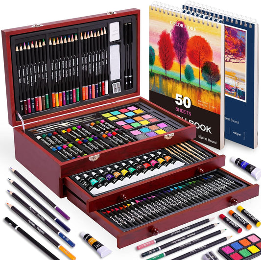 175 Piece Deluxe Art Set with 2 Drawing Pads, Acrylic Paints, Crayons, Colored Pencils Set in Wooden Case, Professional Art Kit, for Adults, Teens and Artist, Paint Supplies