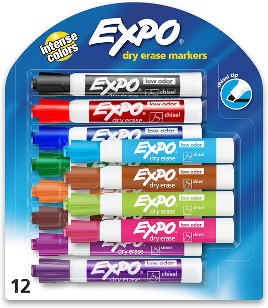 EXPO Low Odor Dry Erase Markers, Chisel Tip, Assorted Colors, 12 Count