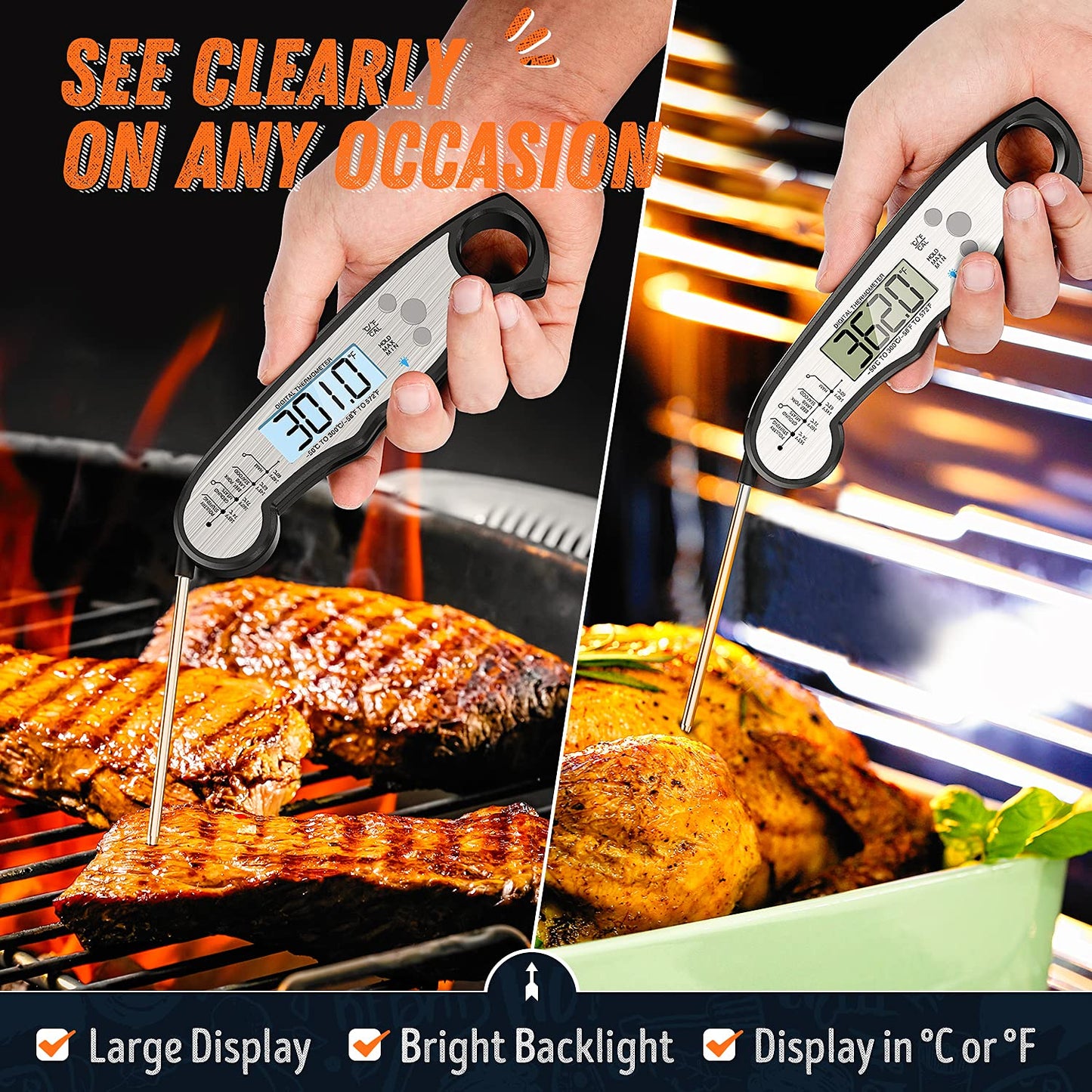 "Digital Meat Thermometer - Waterproof Instant Read for Cooking, Grilling, and BBQ - Backlight & Calibration - Kitchen Gadgets, Accessories"