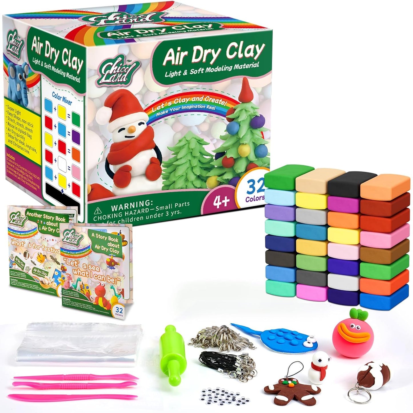Chico Land Clay Kit - 32 Colors Air Dry Clay, Gift for Boys & Girls Age 4+ Year Old, DIY Model Modeling Clay kit for Kids, with Sculpting Tools, Decoration Accessories, Kids Art Crafts