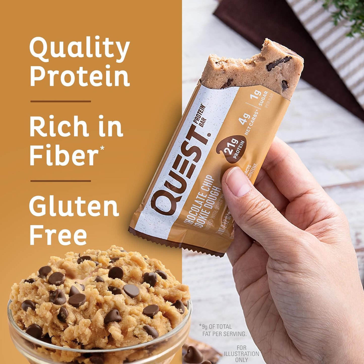 Quest Nutrition Chocolate Chip Cookie Dough Protein Bars, High Protein, Low Carb, Gluten Free, Keto Friendly, 12 Count