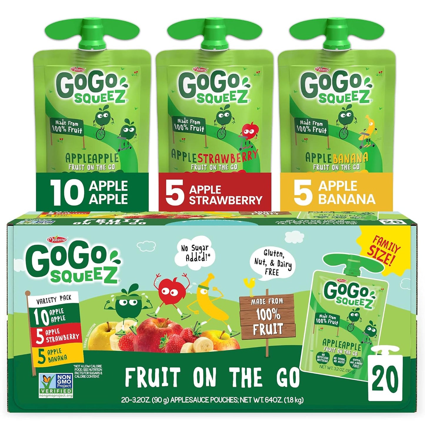 GoGo squeeZ Fruit on the Go Variety Pack, Apple, Banana & Strawberry, 3.2 oz (Pack of 20), Unsweetened Snacks for Kids, Gluten Free, Nut and Dairy Free, Recloseable Cap, BPA Free Pouches