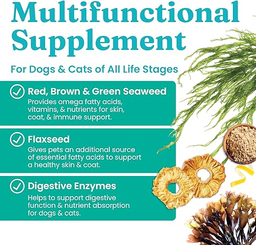 Solid Gold SeaMeal Multivitamin for Cats & Dogs - Kelp Powder Cat & Dog Supplement - Omega 3 & Digestive Enzymes for Skin & Coat, Gut + Immune Support - 1 LB