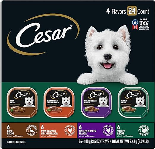 CESAR Adult Wet Dog Food Classic Loaf in Sauce Poultry Variety Pack,. Easy Peel Trays with Real Chicken, Turkey or Duck, 3.5 Ounce (Pack of 24)