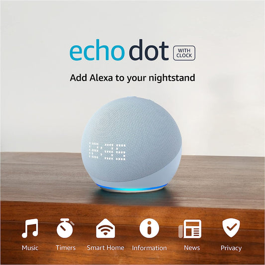 Amazon Echo Dot (5th Gen) with clock | Compact smart speaker with Alexa and enhanced LED display for at-a-glance clock, timers, weather, and more | Cloud Blue