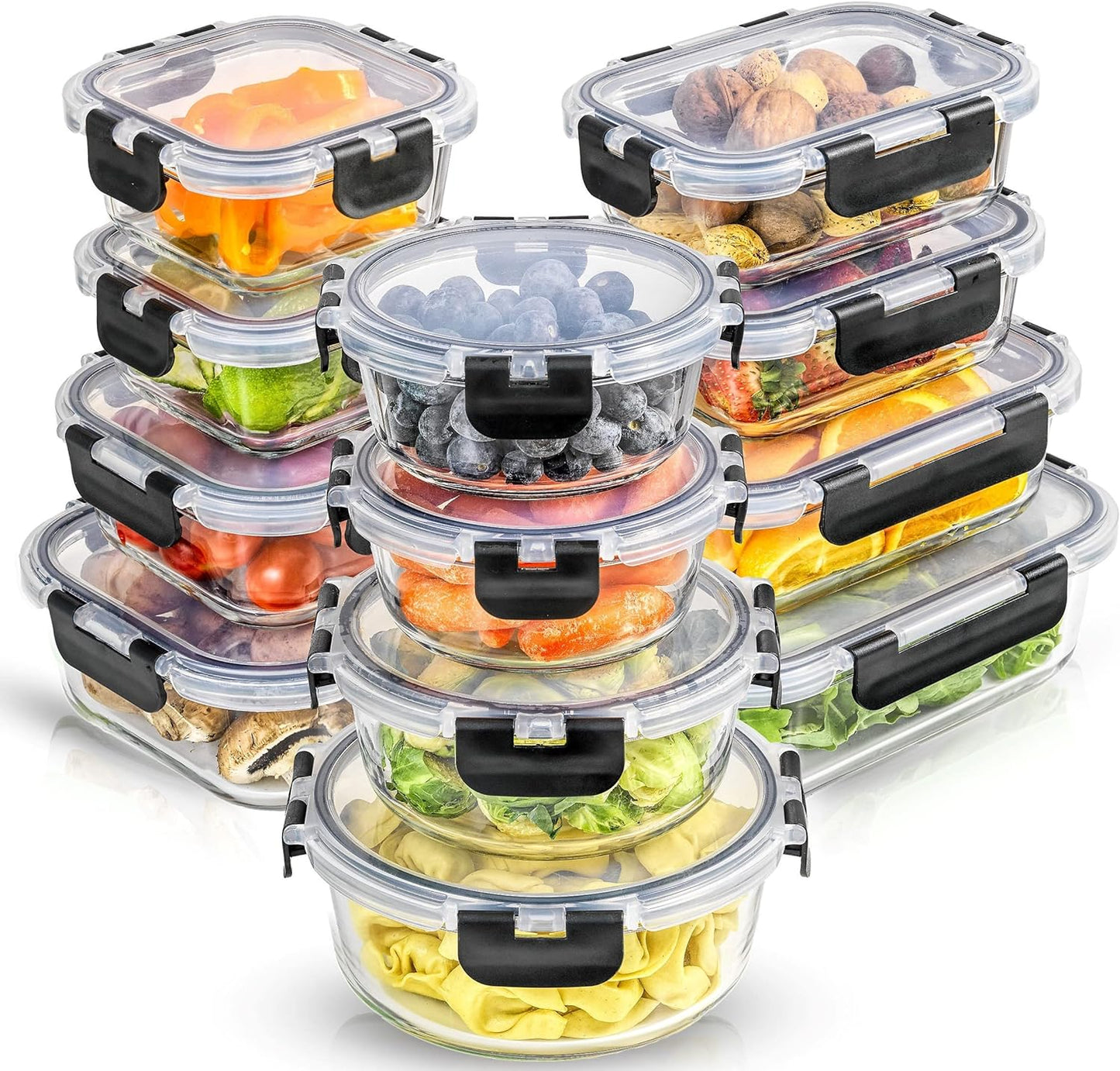 "JoyJolt JoyFul 24pc Glass Food Storage Containers - Airtight, Freezer Safe, with Lids. Perfect for Pantry, Kitchen, and Glass Meal Prep. Lunch-ready and convenient storage."