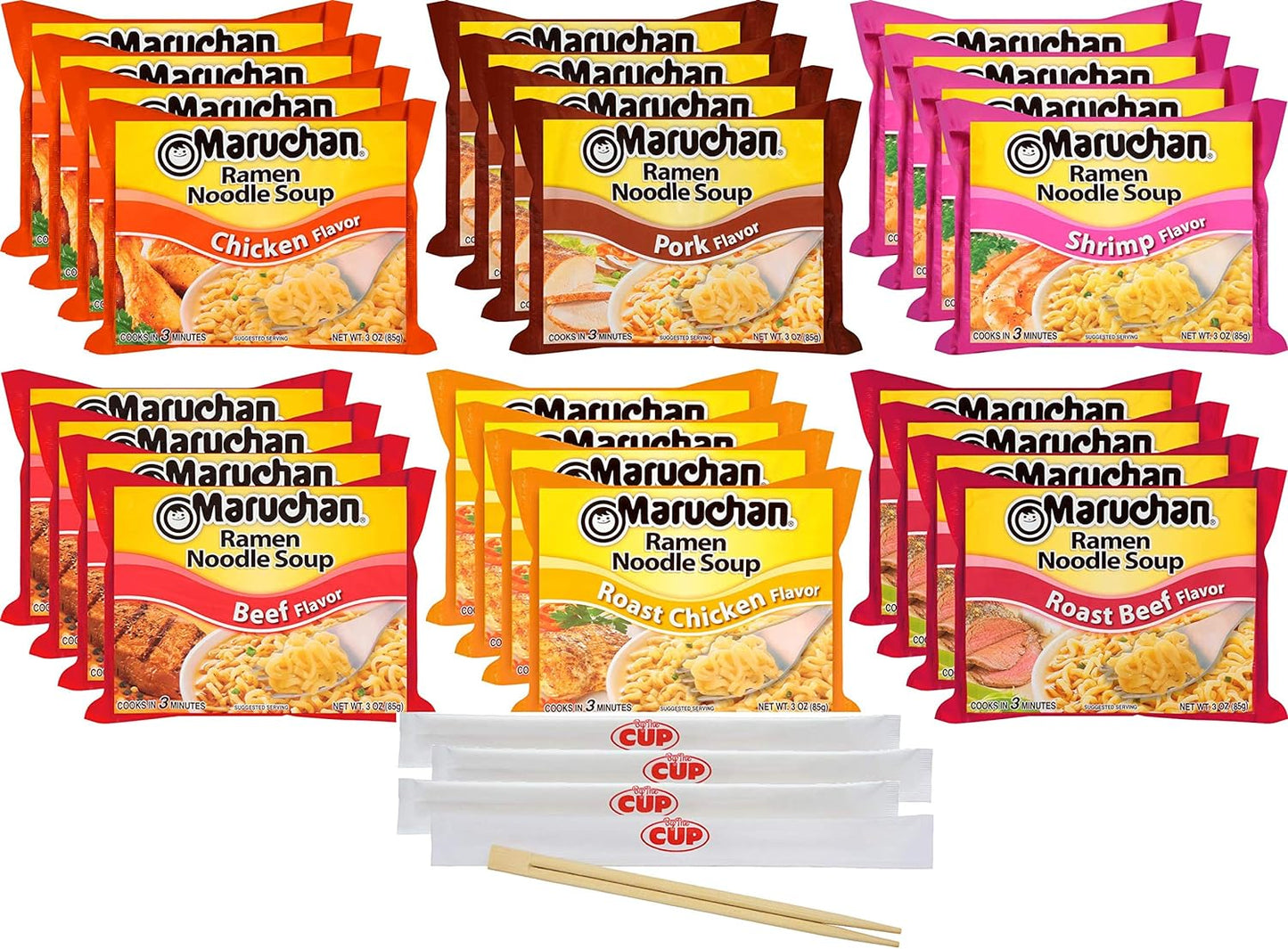 Maruchan Ramen Noodle Soup Variety - 6 Flavors, Pack of 24 with By The Cup Chopsticks