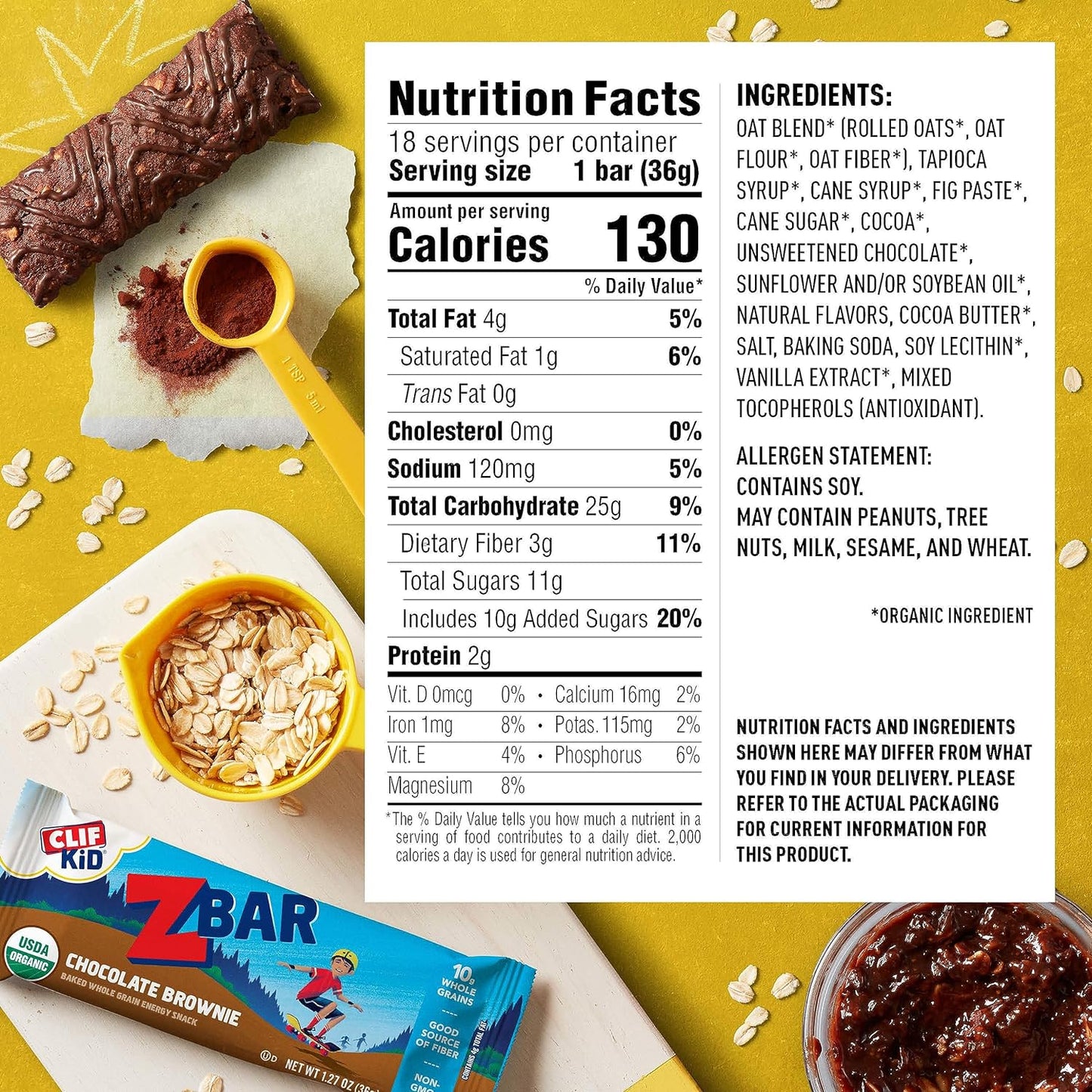 CLIF Kid Zbar - Chocolate Brownie - Soft Baked Whole Grain Snack Bars - USDA Organic - Non-GMO - Plant-Based - 1.27 oz. (18 Pack)