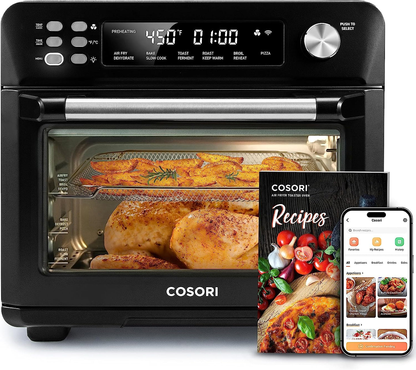 COSORI Smart 12-in-1 Air Fryer Toaster Oven Combo, Airfryer Convection Oven Countertop, Bake, Roast, Reheat, Broiler, Dehydrate, 75 Recipes & 3 Accessories, 26QT, Black-Stainless Steel