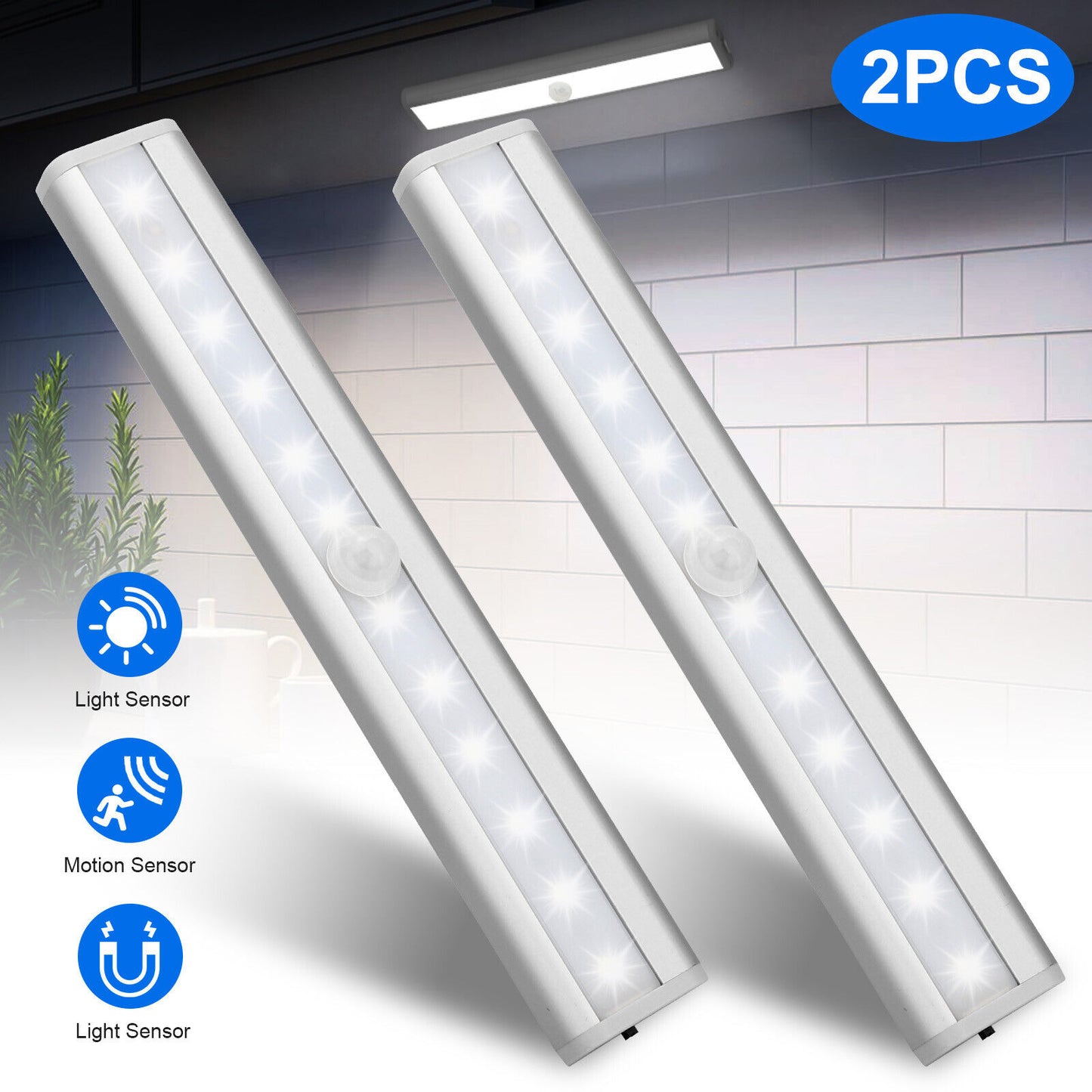 2PCS USB Rechargeable LED Motion Sensor Under Cabinet Closet Light Kitchen Lamps