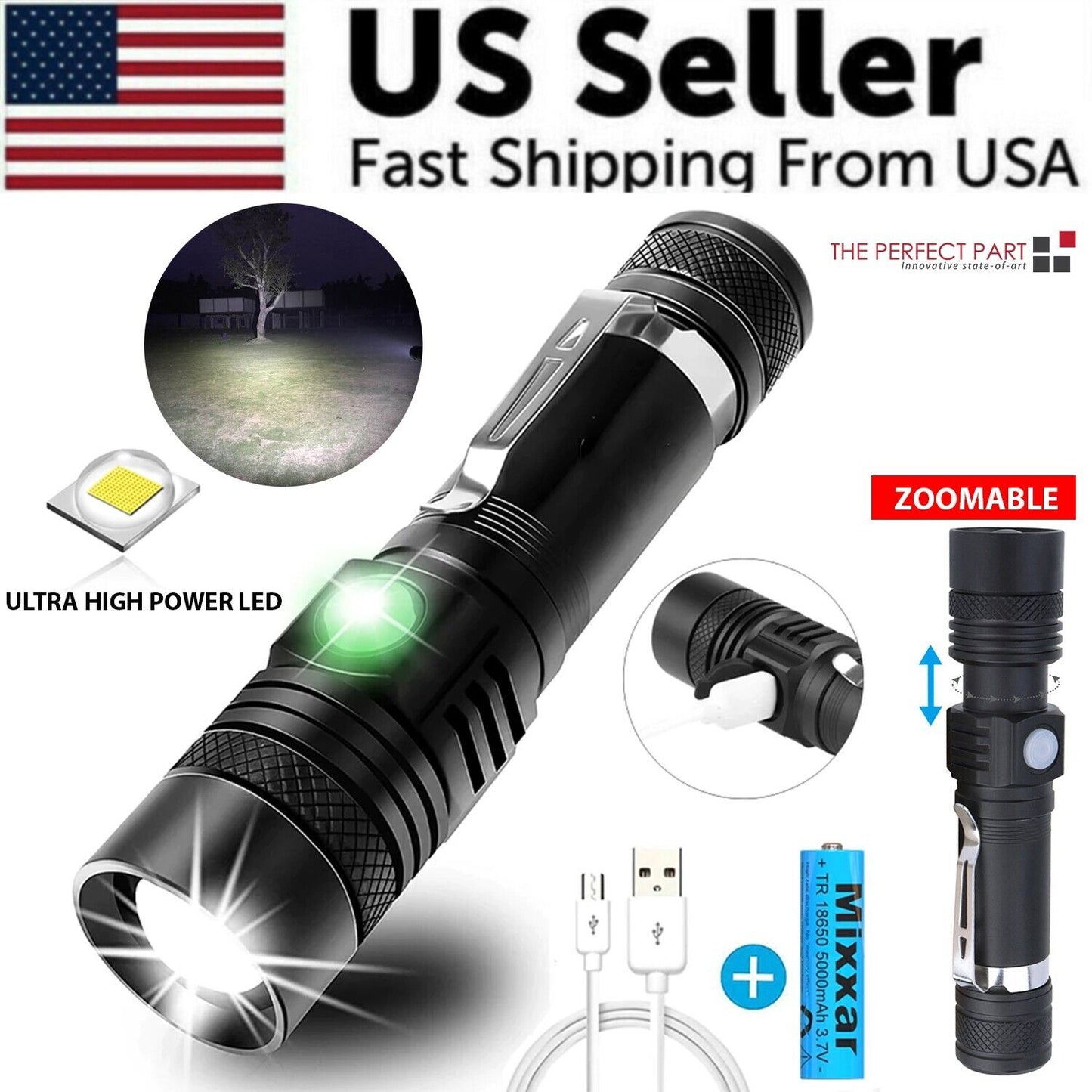 Super Bright 90000LM LED Tactical Flashlight Zoomable With Rechargeable Battery