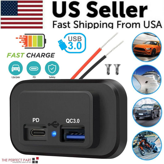 12-24V 4.8A Dual USB PD QC3.0 Car Boat RV Fast Charger Socket LED Power Outlet