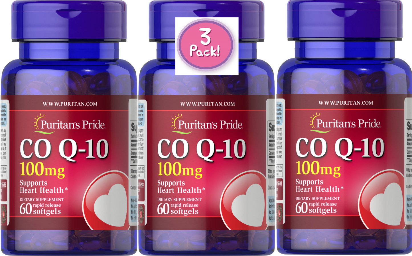 3 Pack CoQ10 100mg Coenzyme 180 Softgels (3x60) RapidRelease Q-Sorb™ Q-10 CoQ-10