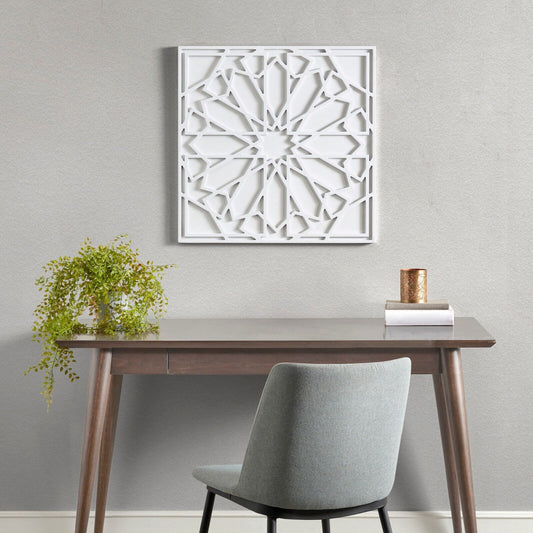 White Medallion Wood Wall Art,Square Carved Framed Home Decor for Living Room